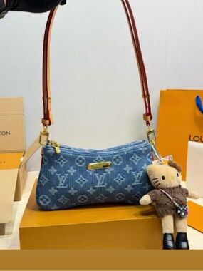 Vuitton Blue Denim Monogram Shoulder Bag with Pouch